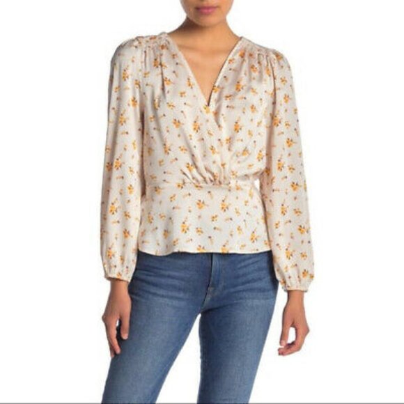 Lush Tops - NWOT Lush Ivory Floral Faux Wrap Peplum Blouse, M